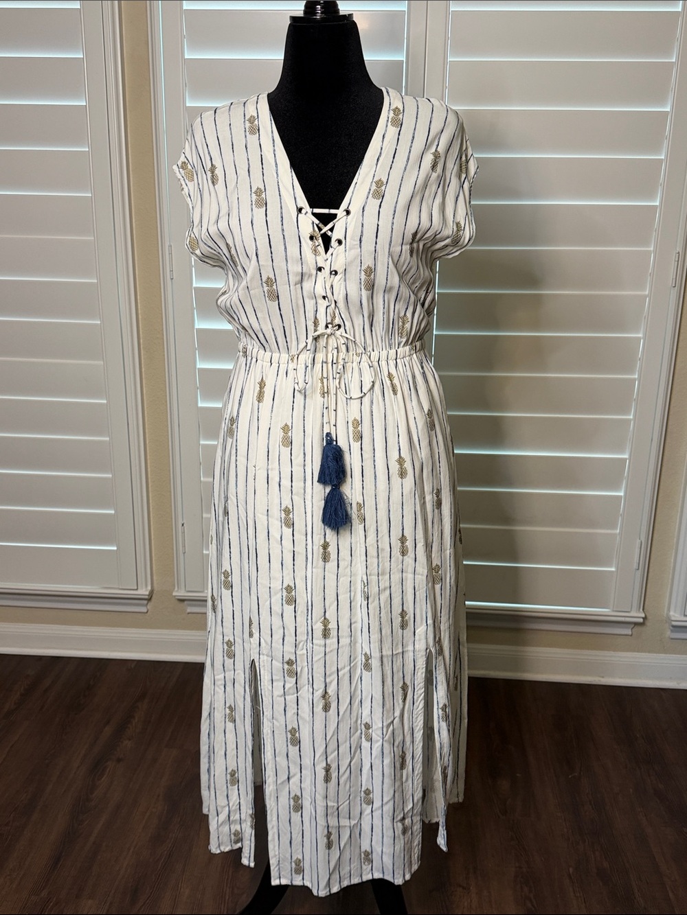 White Striped Midi Dress with Navy Tassel Lace-Up